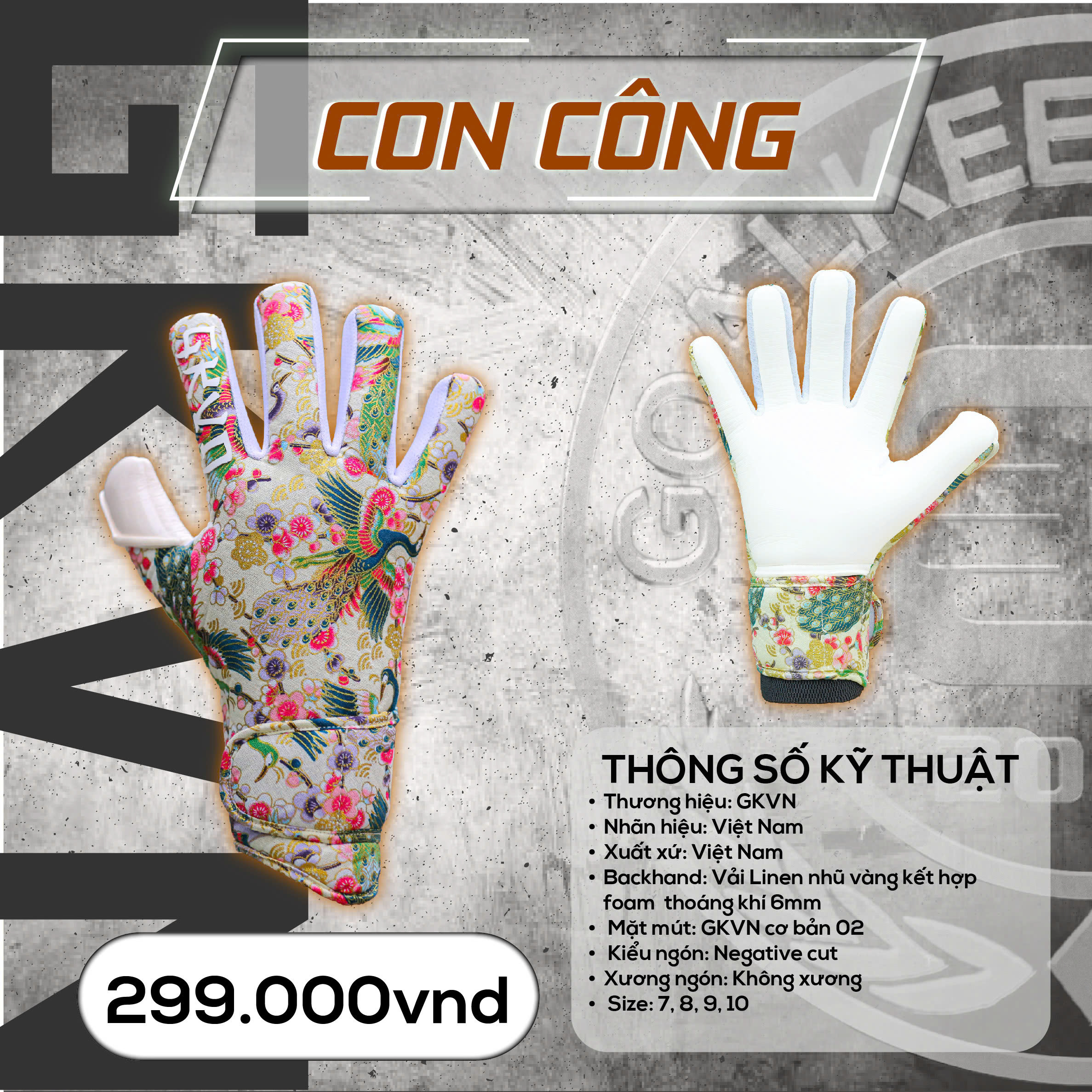 Găng Tay Thủ Môn GKVN Con Công Chính Hãng – Mút Latex New Basic 4mm, Độ Bền Vượt Trội