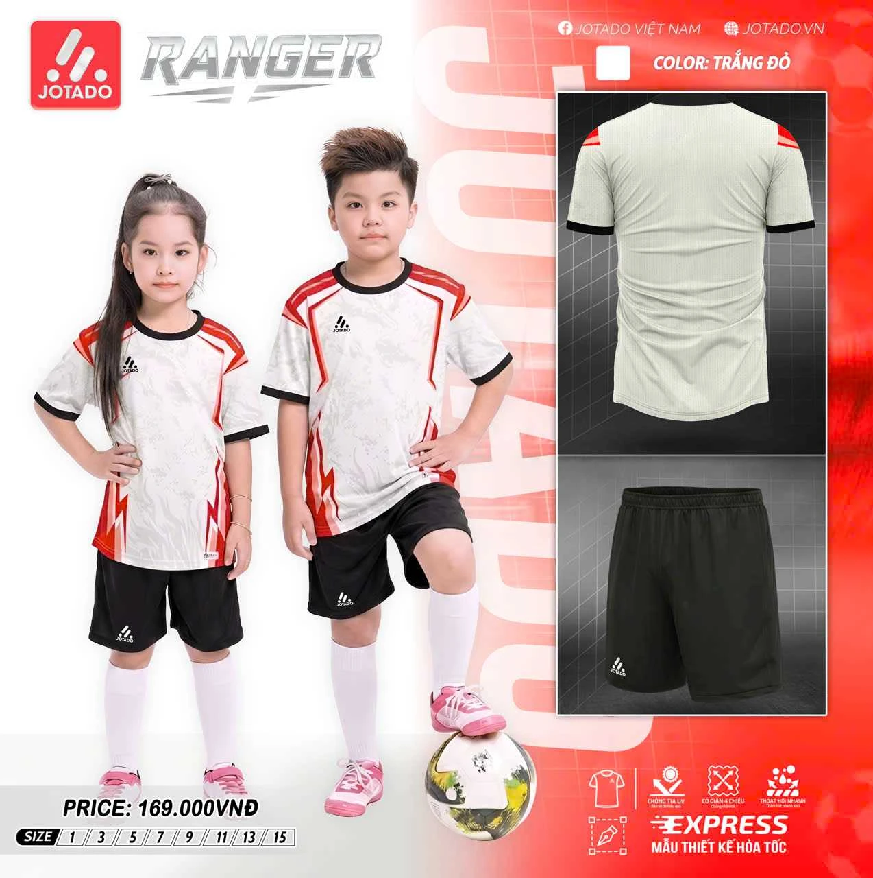 Bộ Quần Áo Bóng Đá Trẻ Em Jotado Ranger – Vải Mè Kim Siêu Mát, Co Giãn 4 Chiều, An Toàn Cho Da Bé