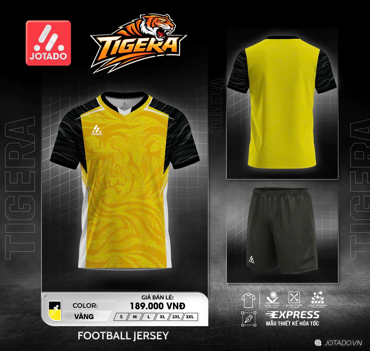 Bộ Quần Áo Bóng Đá Jotado TIGERA – Vải Mè Lục Giác Cao Cấp, Họa Tiết Mãnh Hổ, Siêu Bền 2026