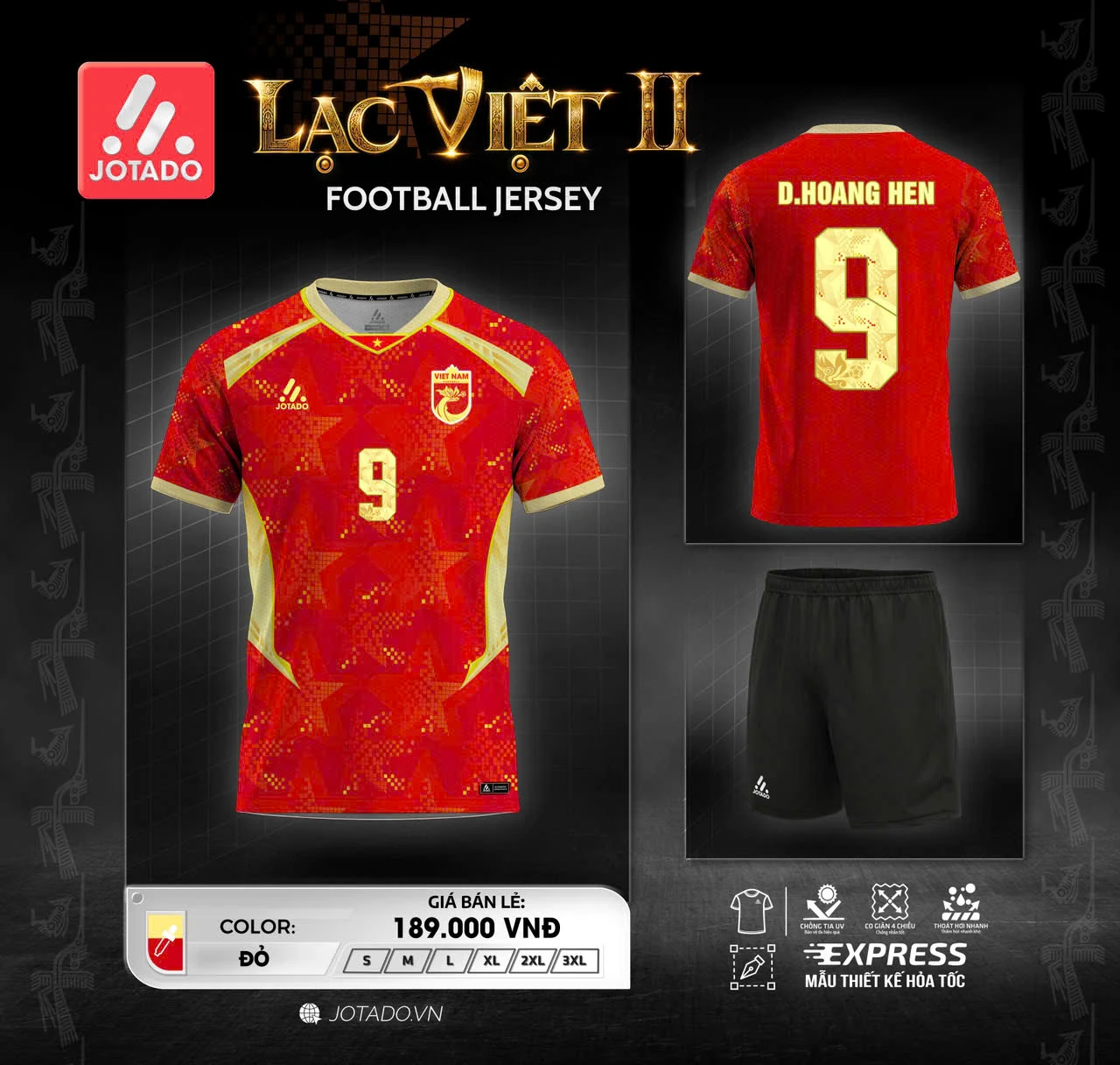 Bộ Quần Áo Bóng Đá Jotado Lạc Việt II – Họa Tiết Trống Đồng Tinh Xảo, Vải Mè Cao Cấp, Hào Khí Dân Tộc