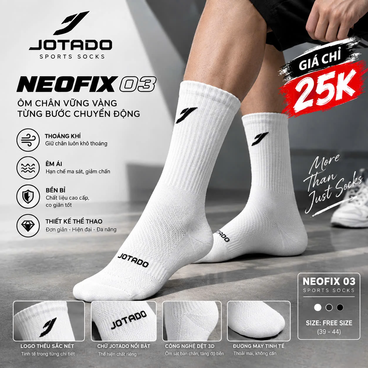 Tất Dệt Kim Thể Thao JOTADO NEOFIT 03 Cao Cấp - Chống Trơn Trượt, Thấm Hút Mồ Hôi, Bảo Vệ Cổ Chân Toàn Diện